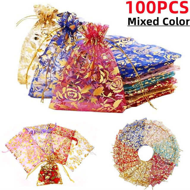 100 Stück Rosen-Organzabeutel mit Kordelzug in 3 Größen, gemischte Farben, transparent, ideal für Schmuck und Geschenke bei Hochzeiten oder Partys - Bild 1
