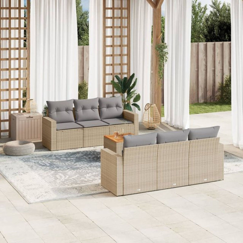 Vidaxl Gartenmöbel-Set mit 7 Teilen und Kissen aus Rattan und Holz in Beige - Bild 1