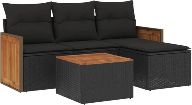 vidaXL 5-tlg Garten-Sofagarnitur aus Polyrattan in Schwarz mit Kissen und L-Form - Bild 1