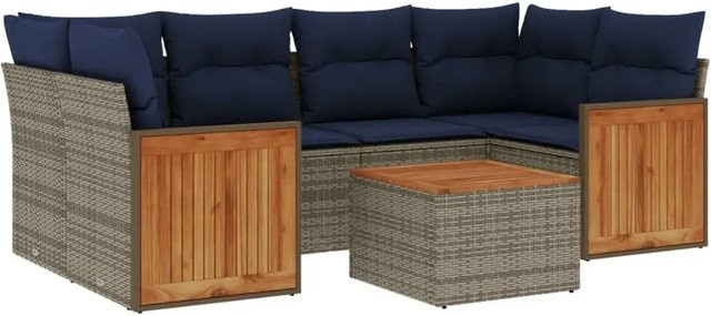 vidaXL 7-tlg. Gartensofa-Set aus Polyrattan in Grau mit Kissen und Ottoman für Terrasse und Garten - Bild 1