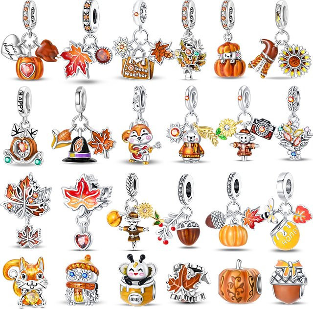 Charms Anhänger 925 Silber, Eichhörnchen, Ahornblatt, Kürbis, Unisex - Bild 1
