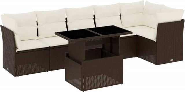 vidaXL 7-tlg Garten-Sofagarnitur aus Polyrattan in Braun mit Kissen und Tisch im L-Shape - Bild 1