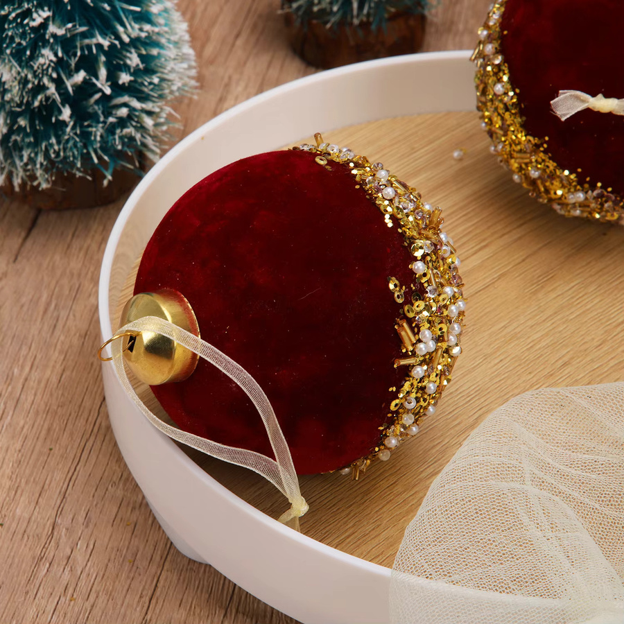 Rote Weihnachtskugeln mit Glitzer-Pailletten und Samt-Dekoration für deinen Weihnachtsbaum, Durchmesser: 7,6 cm - Bild 2