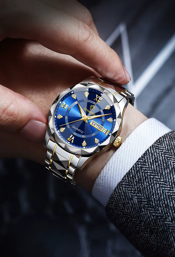 BINBOND Armbanduhr Quarz, Edelstahl, Blau, Gold, Datum, Unisex - Bild 4