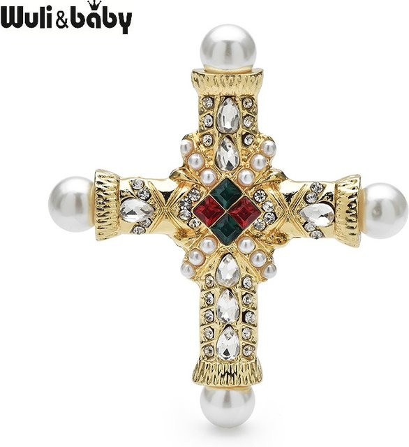 Wuli&baby Brosche, Kreuz, Perle, Strass, Unisex - Bild 1