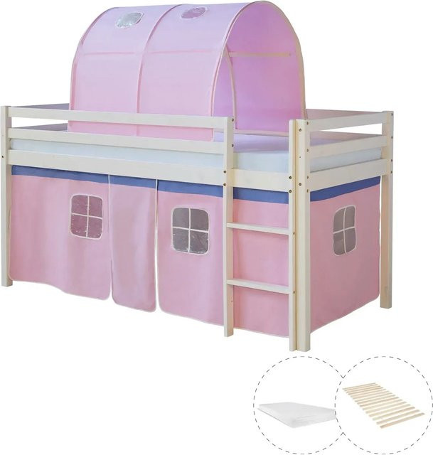 Homestyle4u Hochbett für Kinder aus Kiefernholz mit Vorhang, Lattenrost und Matratze in Weiß, B/T/H: 90 x 200 x 207,5 cm - Bild 1