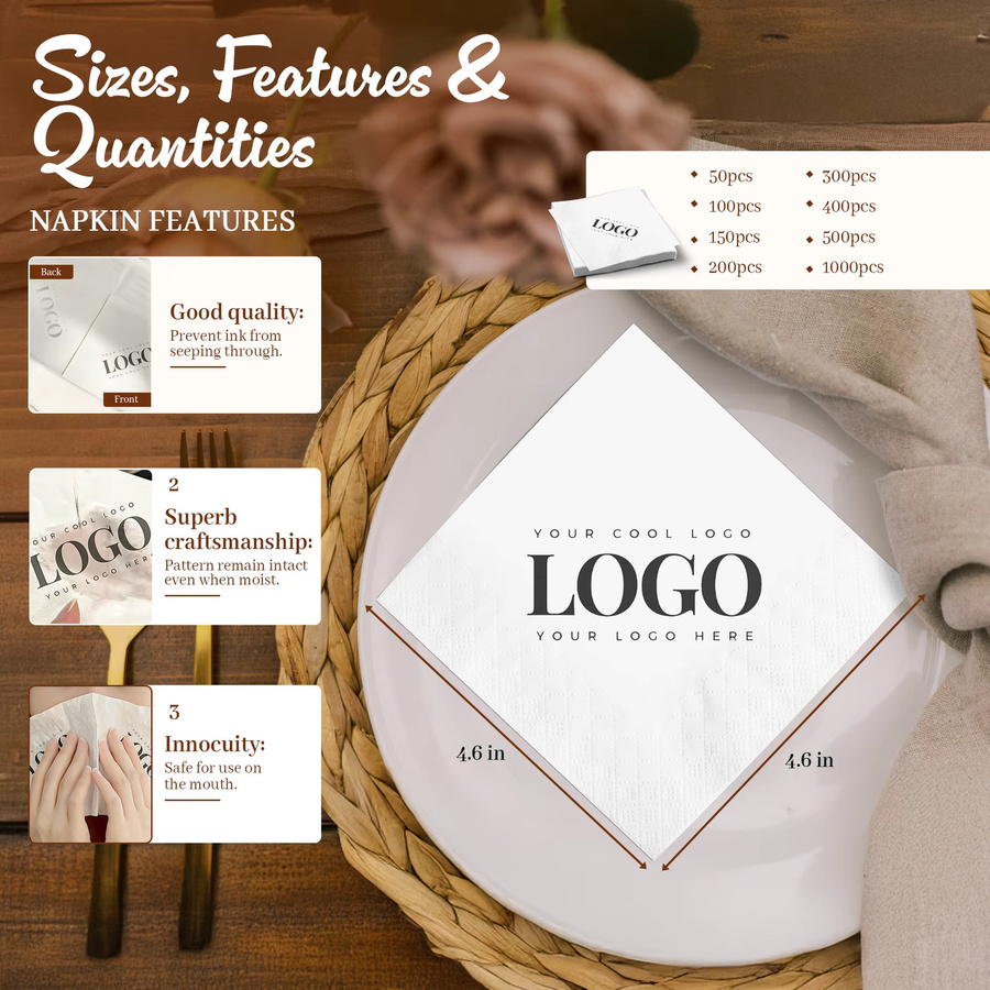Personalisierte weiße Papierservietten mit individuellem Text für Hochzeit, Babyparty oder Junggesellinnenabschied - Bild 2