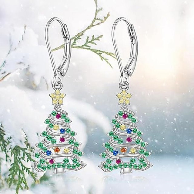Huitan Bling Hängeohrringe, Weihnachtsbaum Design, Silber, Weiß, Damen - Bild 1