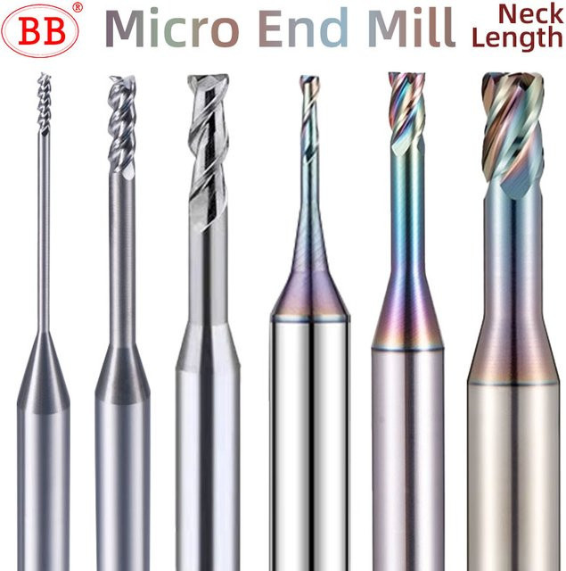 BB Mikro-Schaftfräser mit langem Hals aus Vollhartmetall für Aluminiumlegierung, Kupfer, Kunststoff und Nichtmetall, Farbe: Silber, Durchmesser: 0,1 mm bis 3 mm - Bild 1