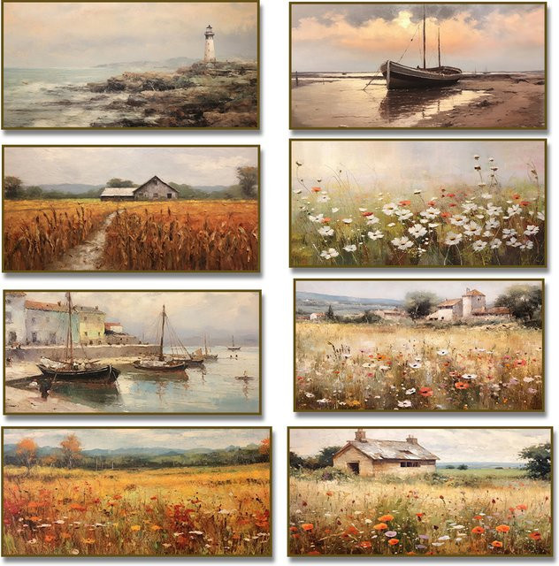 Leinwandgemälde Potdemiel Englisches Cottage mit Wildblumen und Segelboot, Wandkunst im Landhausstil, Mehrfarbig - Bild 1