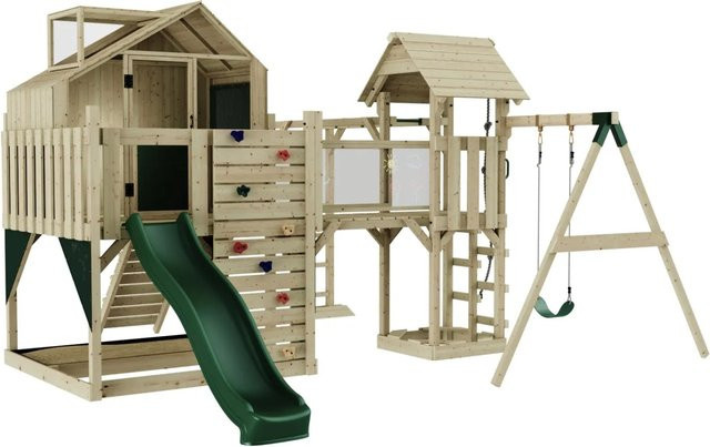 OutdoorToys Spielturm Mille mit Kinderschaukel in Dunkelgrün aus Holz und Stahl - Bild 1
