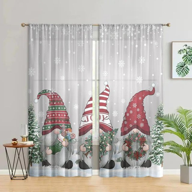 2er-Set Weihnachtswichtel und Schneeflocken Vorhänge in Grau, halbtransparent mit Rod Pocket, B: 150 cm, H: 166 cm - Bild 1