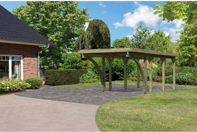 Karibu Einzelcarport Classic 2 mit Stahl-Dach und zwei Einfahrtsbögen, Farbe: natur-gruen, B/T: 273 x 476 cm - Bild 1