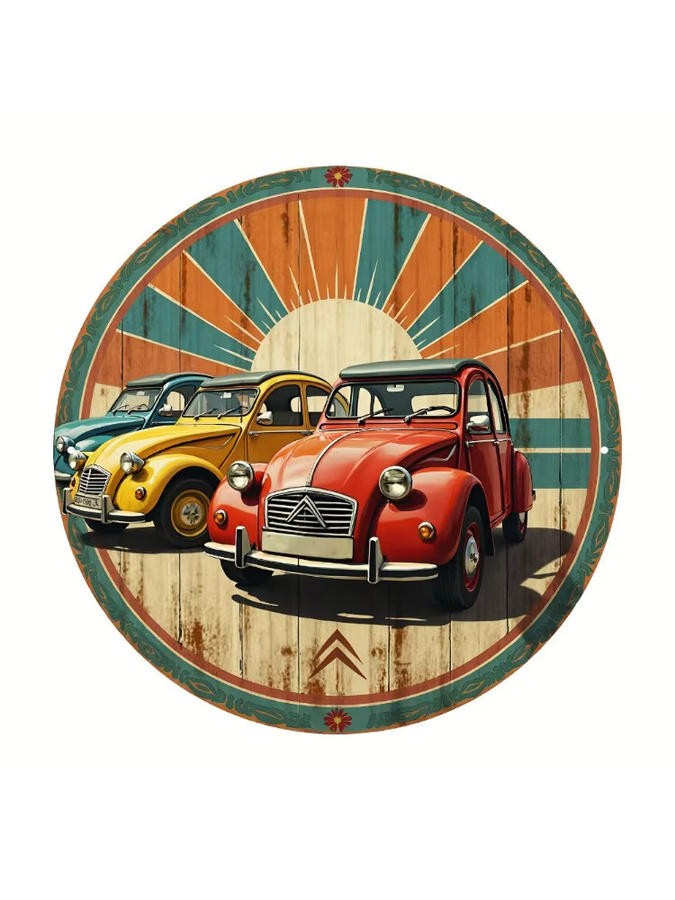 Runde Vintage Aluminium-Wandtafel von CIFBUY mit Automobil-Kunst in Multicolour, Durchmesser: 20 cm - Bild 5