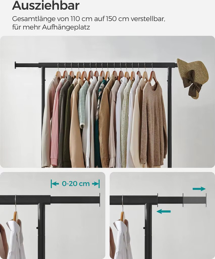 SONGMICS Kleiderständer aus Metall mit Rollen, moderner Garderobenständer mit durchgehender Kleiderstange, belastbar bis 130 kg - Bild 4