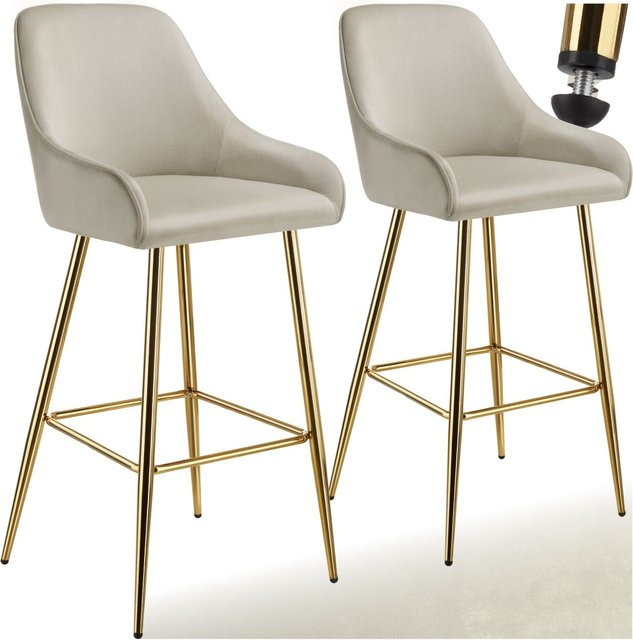 tectake Barstuhl Avane Set aus 2 Stück in Samtoptik mit Rückenlehne und Fußstütze, Farbe Beige Gold, B/T/H: 48,5 x 57 x 108 cm - Bild 1