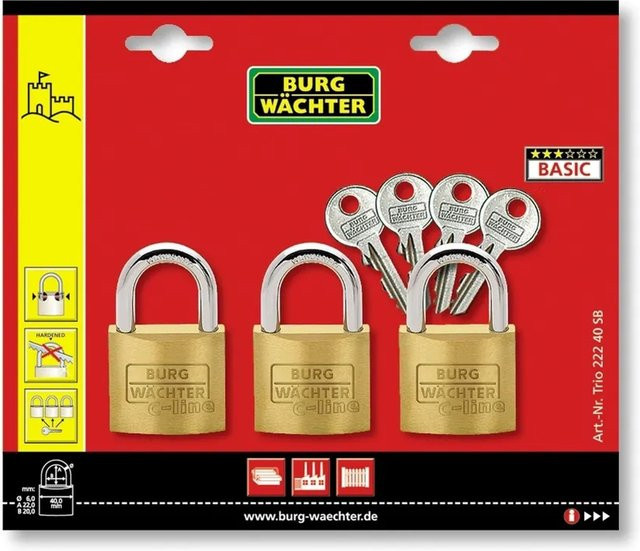 Burg Wächter Vorhangschloss-Set Trio 222 40 SB in Gold/Messing mit Schlüsseln - Bild 1