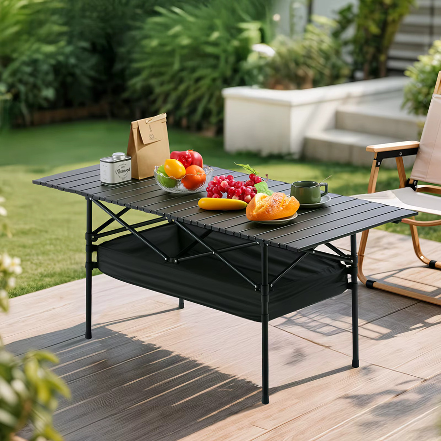 LIUSHADUOLA Outdoor-Tisch mit Netz-Taschen-Organizer, höhenverstellbar, schwarz, Metall - Bild 5
