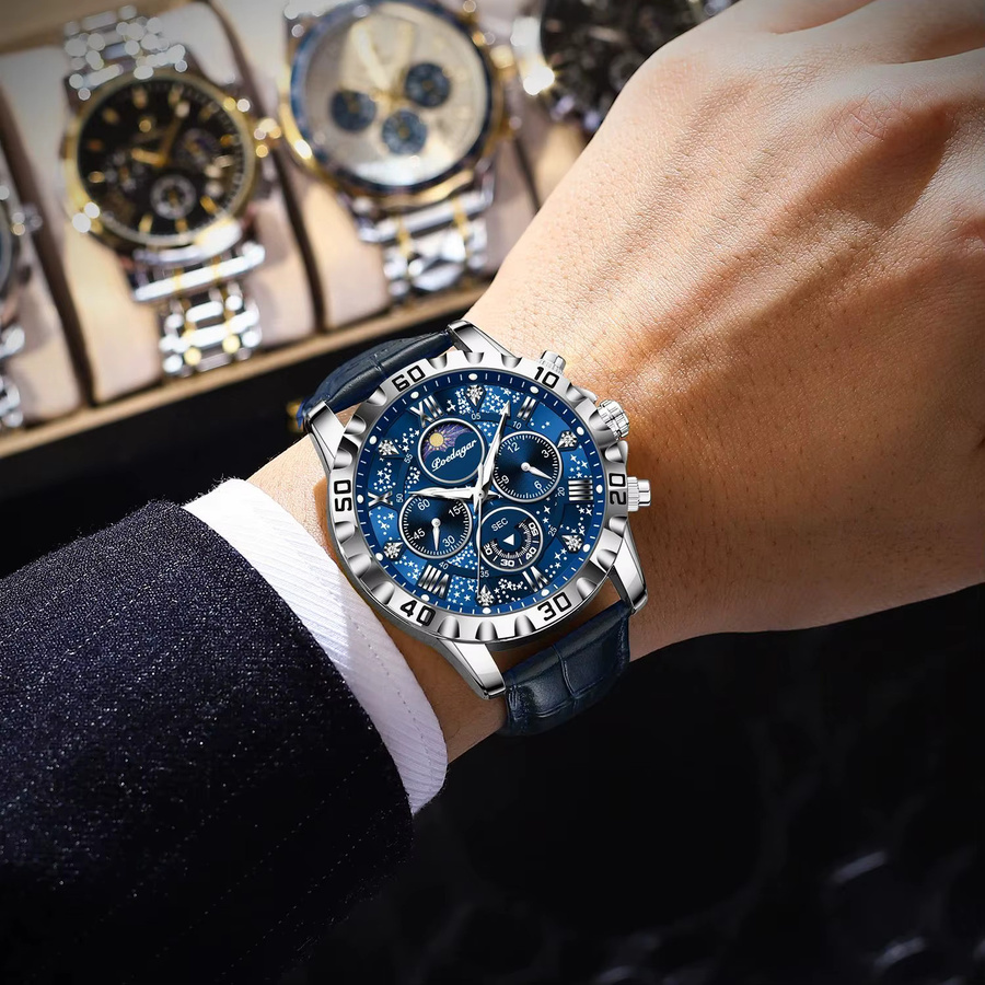 POEDAGAR Armbanduhr Chronograph, Quarz, Leder, Blau, Herren - Bild 5
