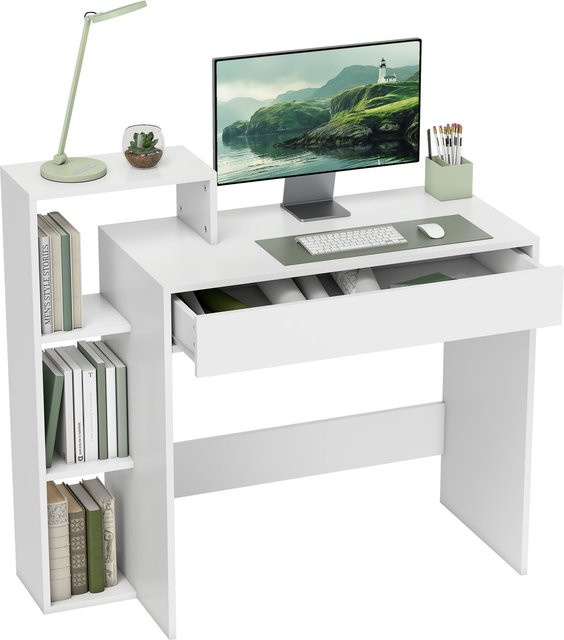 HOMCOM Moderner Schreibtisch mit 3 offenen Regalen und einer großen Schublade in Weiß, B/T/H: 100 x 40 x 90 cm - Bild 1