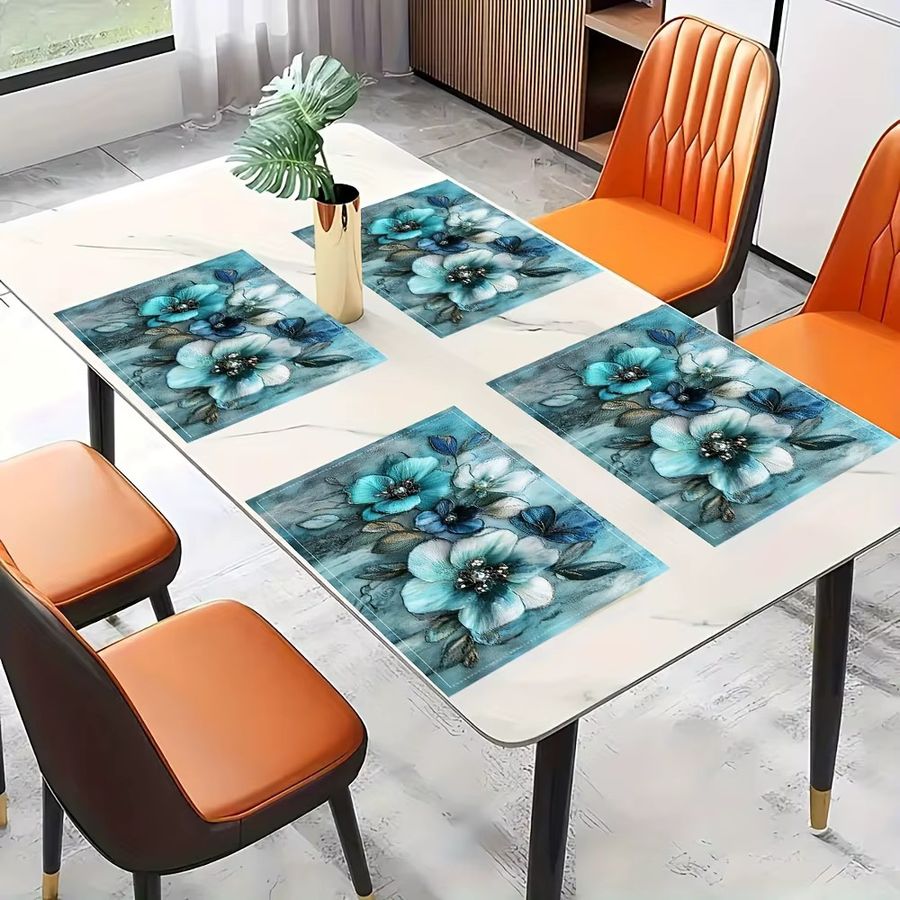 VIKAMA Tischsets mit türkisfarbener Blumenstickerei, 4er-Set - Bild 4