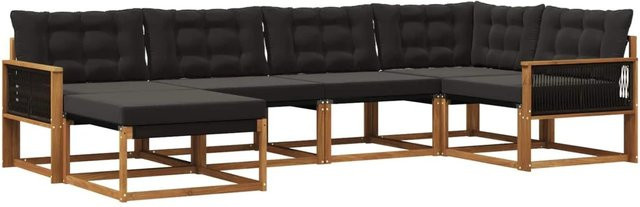 vidaXL Outdoor-Sofagarnitur in L-Form aus Akazienholz mit Kissen und Ottoman, Braun und Schwarz - Bild 1