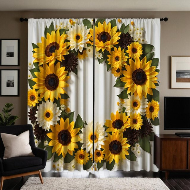 2er-Set dekorative Vorhänge mit Sonnenblumen-Print in Gelb und Weiß, halbtransparentes Design mit floralem Muster, B: 132 cm, H: 160 cm - Bild 1