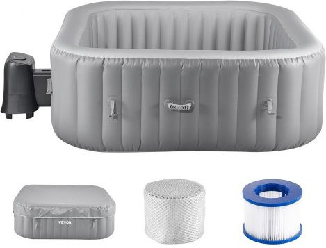 VEVOR Aufblasbarer Whirlpool für 4 bis 6 Personen, quadratischer Outdoor Spa aus PVC in Grau, mit 130 Massagejets, Filter, Abdeckung und Matte, B/T: 185 x 66 cm