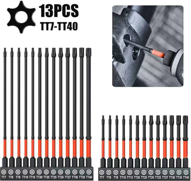 SHENSEN 13-teiliges Magnetisches Sechskant-Schraubendreher-Bit-Set in Schwarz mit verlängerten Schlagbits T7-T40 für Reparaturen - Bild 1