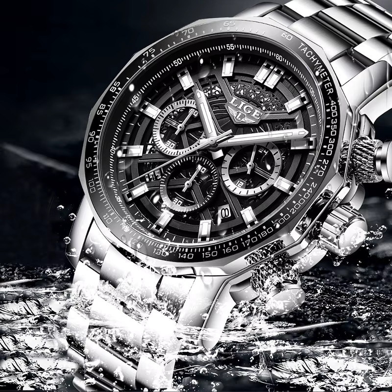 LIGE Armbanduhr Quarz, Edelstahl, Schwarz, Silber, Herren - Bild 5