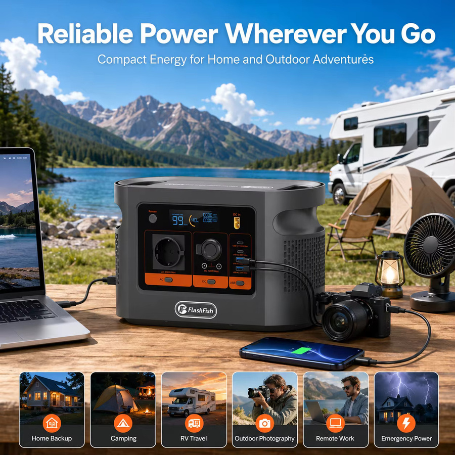 FlashFish E106B Tragbare Powerstation in Grau mit 384Wh Kapazität, 600W Dauerleistung und 1200W Spitzenleistung, LiFePO4 Solargenerator mit reiner Sinuswelle, 100W PD und 200W Solareingang - Bild 4