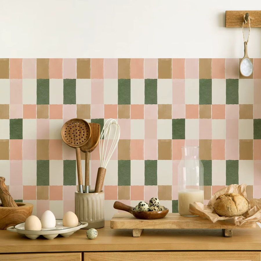 10 Stück Ascowa Retro Vinyl Fliesen Peel & Stick in Pink und Green, geometrische selbstklebende Rückwandplatten für Küche und Badezimmer - Bild 1