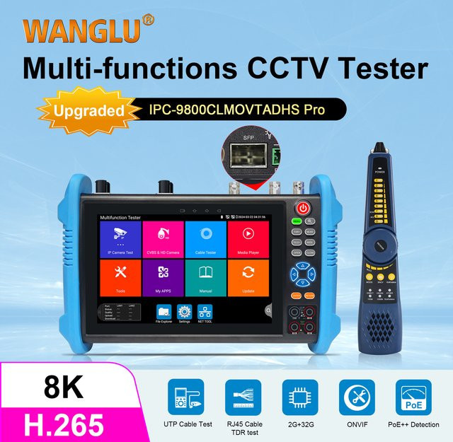 WANGLU 7-Zoll CCTV IPC Kameratester mit 8 MP, H.265, AHD, CVI, TVI, SDI, VGA und HDMI-Eingang für die Sicherheitsüberwachung, Blau - Bild 1