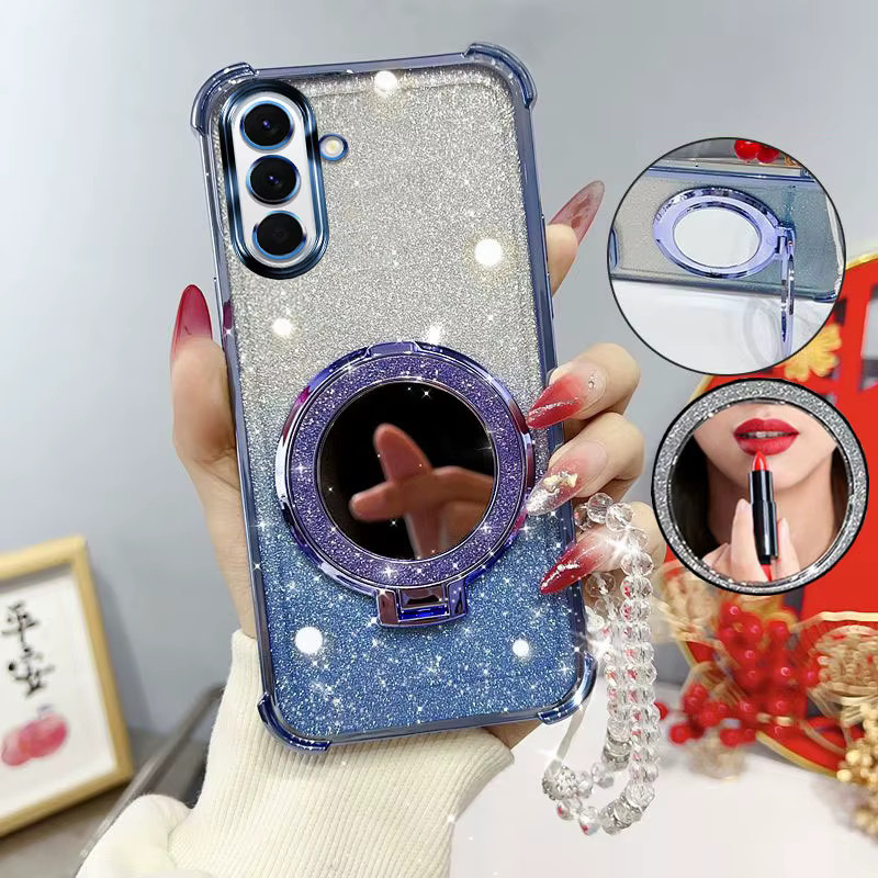 Stoßfeste Handyhülle mit Glitzer-Effekt, Spiegelständer und Perlenarmband für Samsung Galaxy A26 A17 F17 M17 5G in Lila - Bild 1