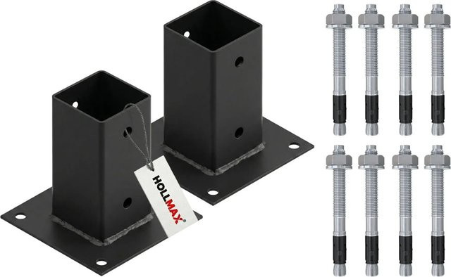 HOLLMAX Pfostenträger Set mit 2 Aufschraubhülsen 71 mm und Schwerlastankern 10 x 100 mm für Vierkantpfosten, Pulverbeschichtet Schwarz Matt - Bild 1