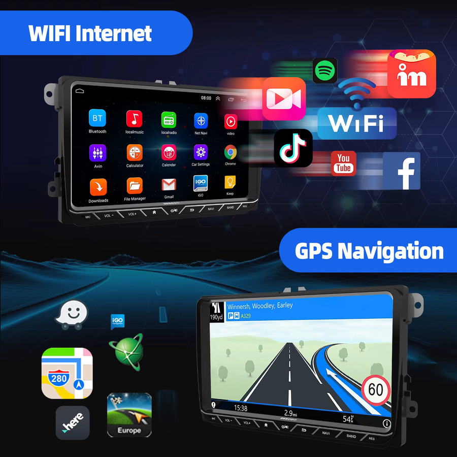 ESSGOO Android 15 Autoradio mit 9 Zoll Display, GPS, WiFi und Bluetooth in Schwarz für VW Tiguan, Caddy, EOS, Jetta, T5, Passat B6 B7, Polo 6R, Golf 5 6 und Touran mit Wireless CarPlay und Android Auto - Bild 2