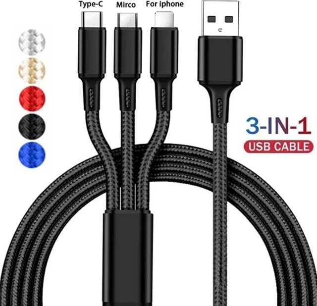 ZHUJI 3 in 1 Schnellladekabel mit USB-C, Micro-USB und Lightning in Blau - Bild 1