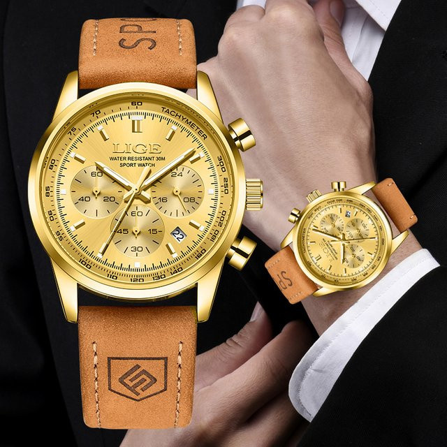 Lige Armbanduhr Chronograph, Quarz, Leder, Gold, Herren - Bild 1