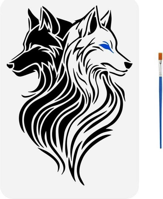 Wolfsschablone mit zwei Tiermotiven und Pinsel zum Malen auf Holz oder Stoff, B/H: 21,0 x 29,2 cm - Bild 1