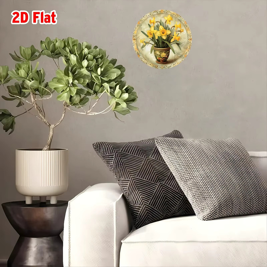 Potdemiel Vintage Narzisse Metallwandkunst rund, dekoratives Aluminiumschild mit floralem Design, Durchmesser: 20,3 cm - Bild 4