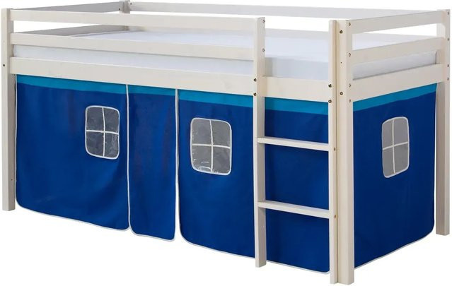 Homestyle4u Hochbett aus Kiefernholz in Weiß mit blauem Vorhang, B/T/H: 90 x 200 cm - Bild 1