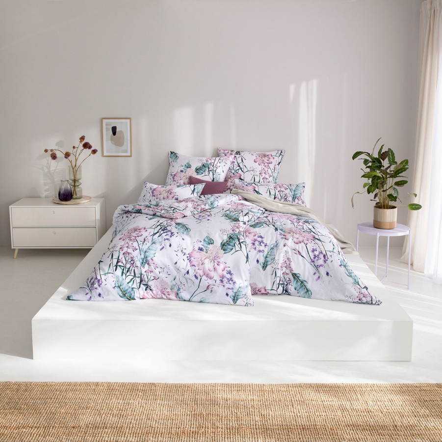 Estella Satin de Luxe Bettwäsche Venya Blüten Mako-Satin in Flieder und Petrol mit floralem Design, B/H: 135 x 200 cm und 80 x 80 cm - Bild 1