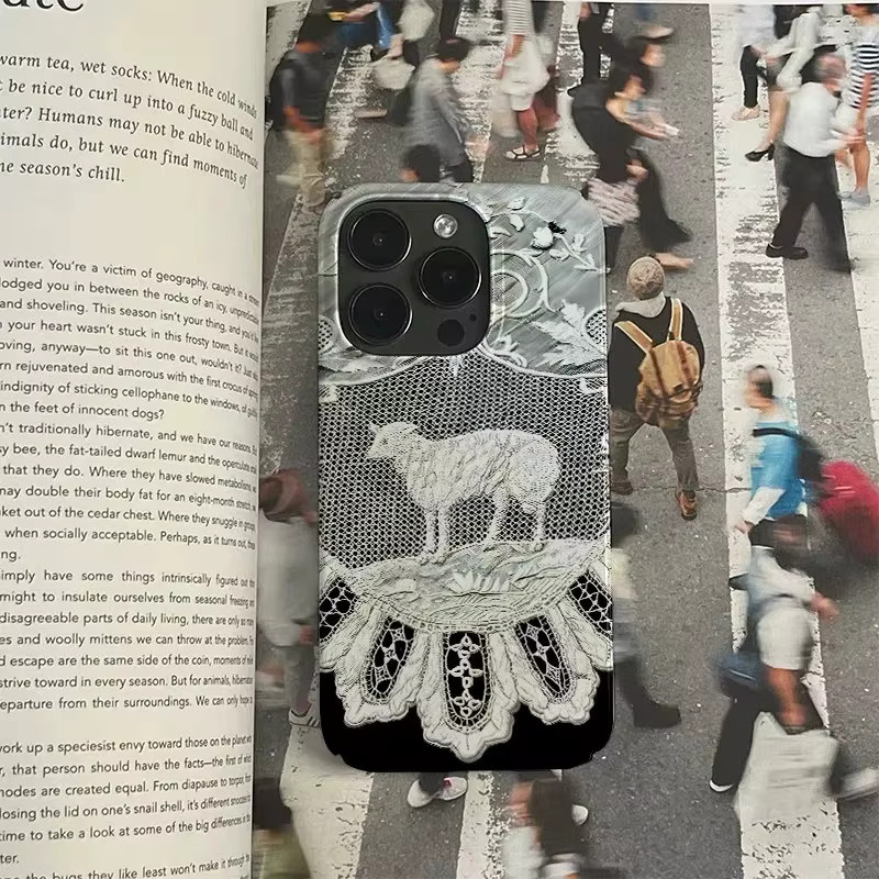 Clmj Retro-Spitzen-Handyhülle aus Lammleder für iPhone 11 bis iPhone 17 Pro Max in Schwarz-Weiß mit glänzender Folie - Bild 2