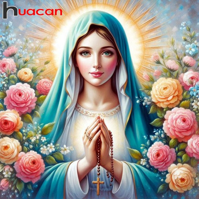 Huacan 5D-Diamantgemälde Set Jungfrau Maria mit Blumenmotiven, Mosaik-Kunst zum Selbermachen mit runden Bohrern in Multicolour - Bild 1