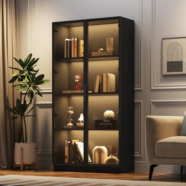 Okwish 2-türige Vitrine in Schwarz mit APP-gesteuerter LED-Beleuchtung und Glastüren - Bild 1