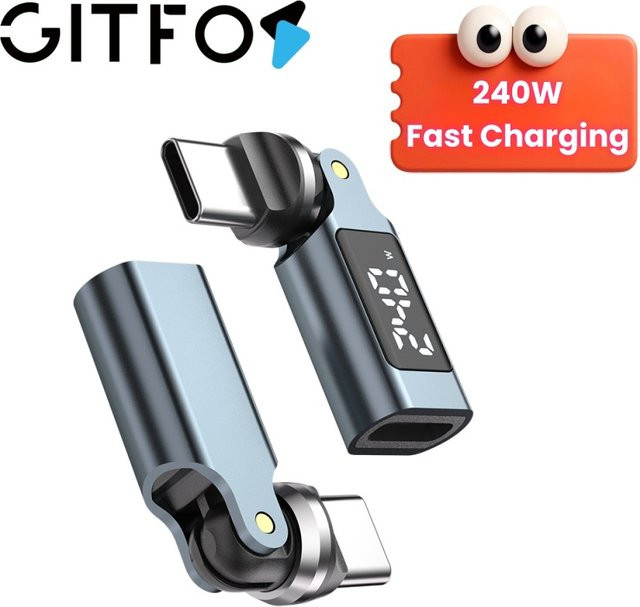 GITFOS 540 Grad drehbarer USB-C OTG-Adapter mit Digitalanzeige, PD 240W 5A Schnellladung, USB-C Stecker auf Typ-C Buchse Konverter für iPhone 17 - Bild 1
