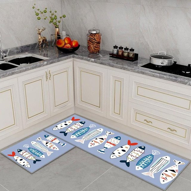 Rutschfeste Küchenmatte mit Kristallsamt-Aufdruck in Blau, waschbar und saugfähig, B/T: 120 x 50 cm - Bild 1