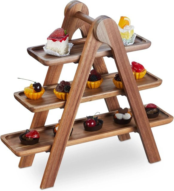 Relaxdays Servieretagere aus Akazienholz in Braun mit 3 Etagen, B/T/H: 41 x 38 x 15 cm - Bild 1