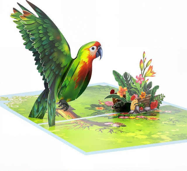 Handgefertigte 3DP-up Papercut-Karte mit Blumen- und Vogelskulptur in Gelb und Multicolour - Bild 1