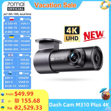 70mai Dashcam M310 Plus Globale Version in Schwarz mit 4K Auflösung, WDR und Sprachsteuerung sowie 24H Parkmodus